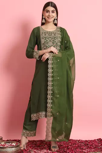 Silk blend mehendi casual wear embroidery work kurta set