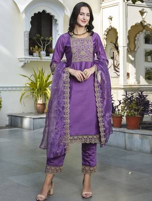 Silk blend purple casual wear embroidery work kurta set 1