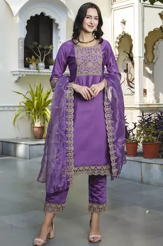 Silk blend purple casual wear embroidery work kurta set