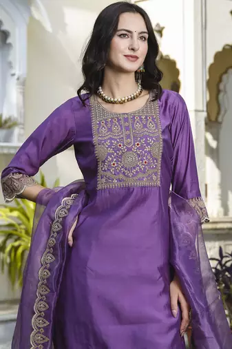 Silk blend purple casual wear embroidery work kurta set