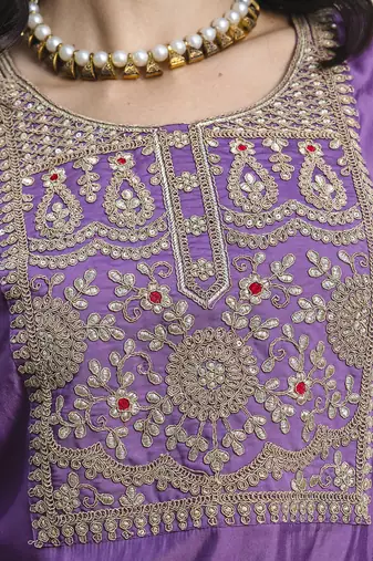 Silk blend purple casual wear embroidery work kurta set