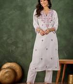 Roman silk blend lavender casual wear embroidery work readymade kurti with pant