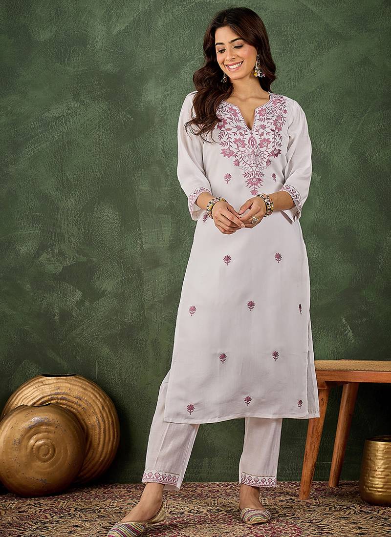 Roman silk blend lavender casual wear embroidery work readymade kurti with pant