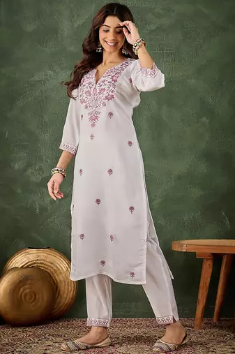 Roman silk blend lavender casual wear embroidery work readymade kurti with pant