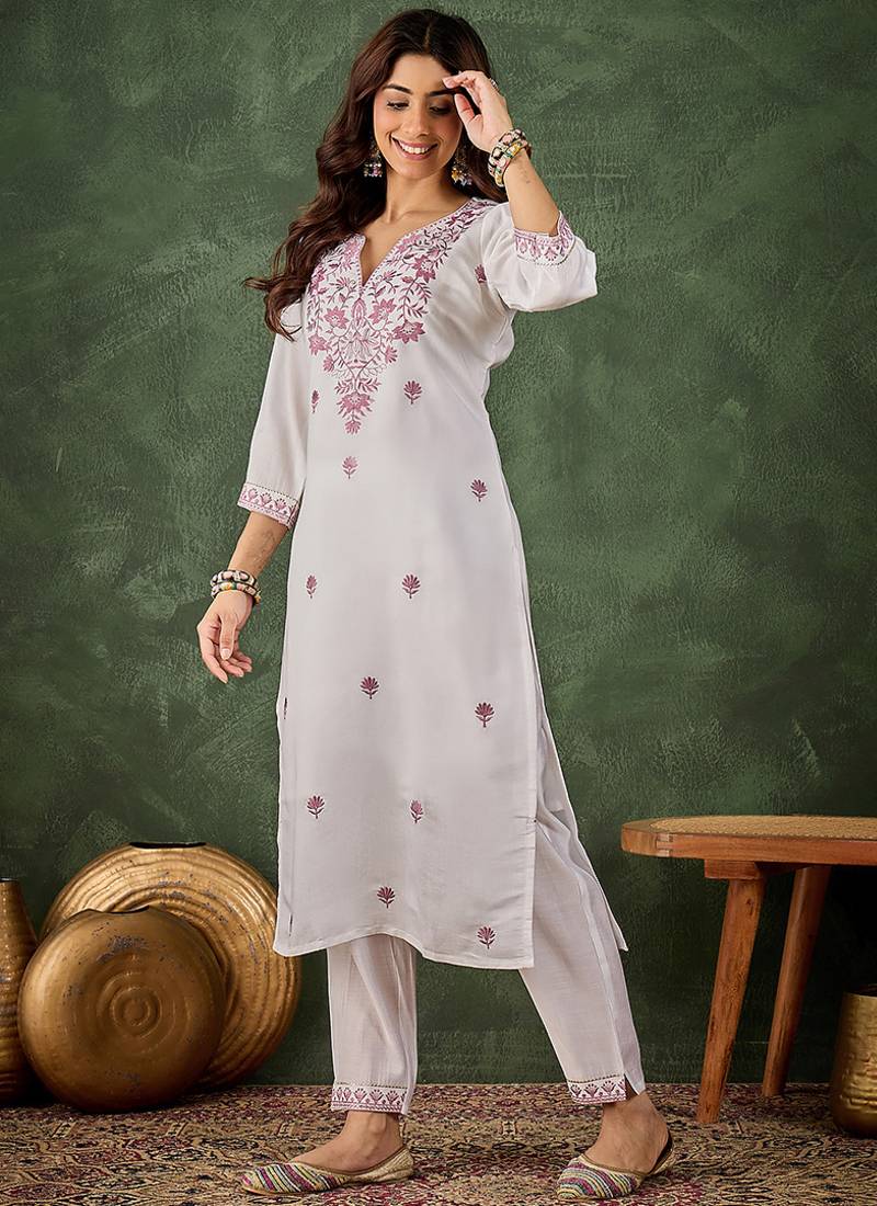 Roman silk blend lavender casual wear embroidery work readymade kurti with pant