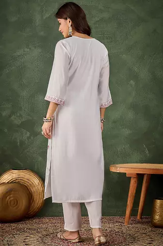 Roman silk blend lavender casual wear embroidery work readymade kurti with pant