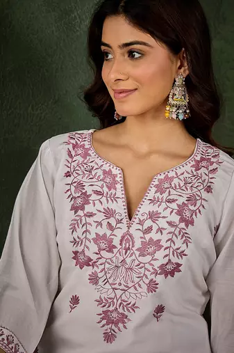 Roman silk blend lavender casual wear embroidery work readymade kurti with pant
