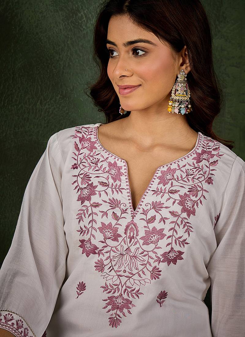 Roman silk blend lavender casual wear embroidery work readymade kurti with pant
