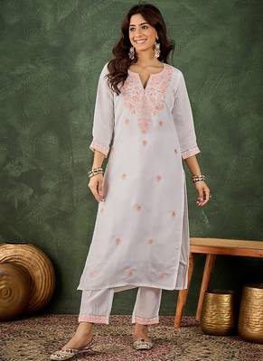 Roman silk blend peach casual wear embroidery work readymade kurti with pant 1