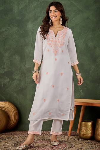 Roman silk blend peach casual wear embroidery work readymade kurti with pant