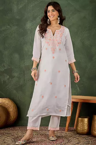 Roman silk blend peach casual wear embroidery work readymade kurti with pant