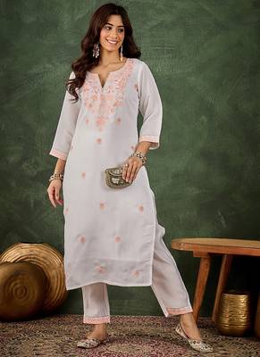 Roman silk blend peach casual wear embroidery work readymade kurti with pant 4