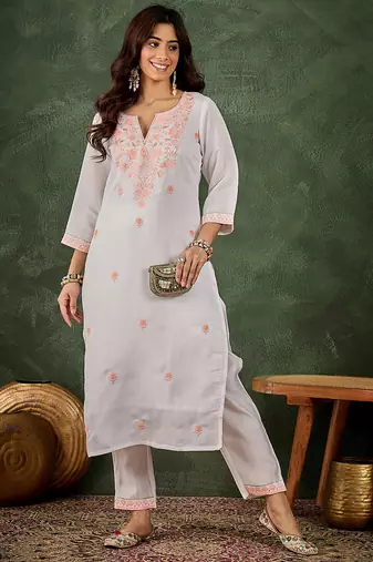 Roman silk blend peach casual wear embroidery work readymade kurti with pant