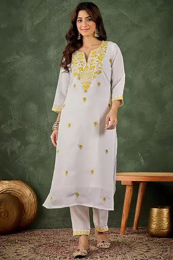 Roman silk blend yellow casual wear embroidery work readymade kurti with pant