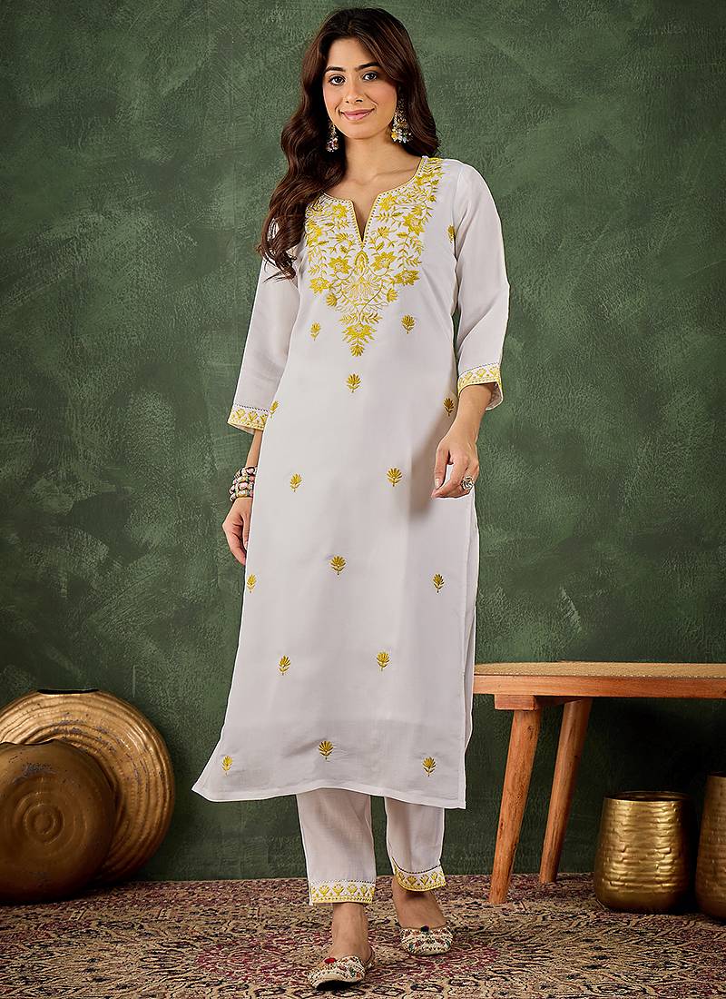 Roman silk blend yellow casual wear embroidery work readymade kurti with pant