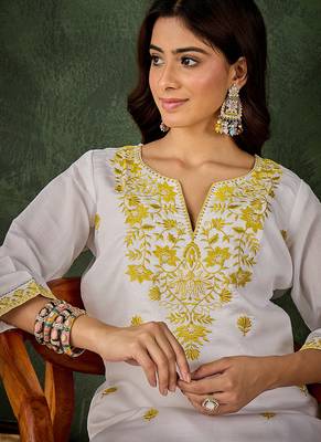 Roman silk blend yellow casual wear embroidery work readymade kurti with pant 2