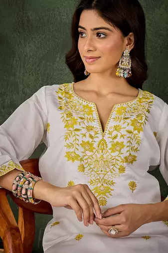 Roman silk blend yellow casual wear embroidery work readymade kurti with pant