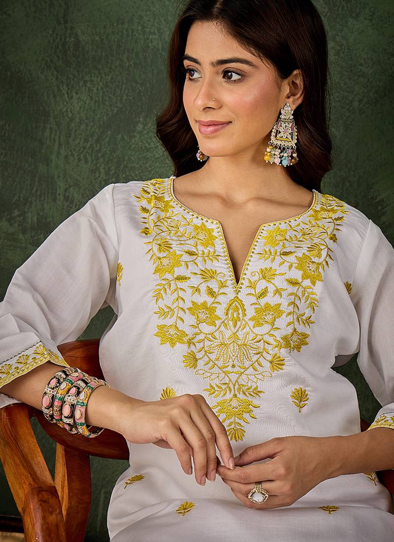 Roman silk blend yellow casual wear embroidery work readymade kurti with pant