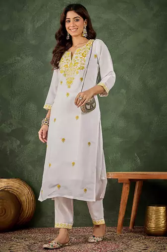 Roman silk blend yellow casual wear embroidery work readymade kurti with pant
