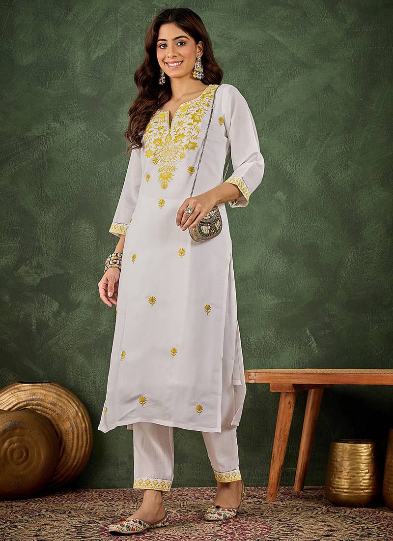 Roman silk blend yellow casual wear embroidery work readymade kurti with pant