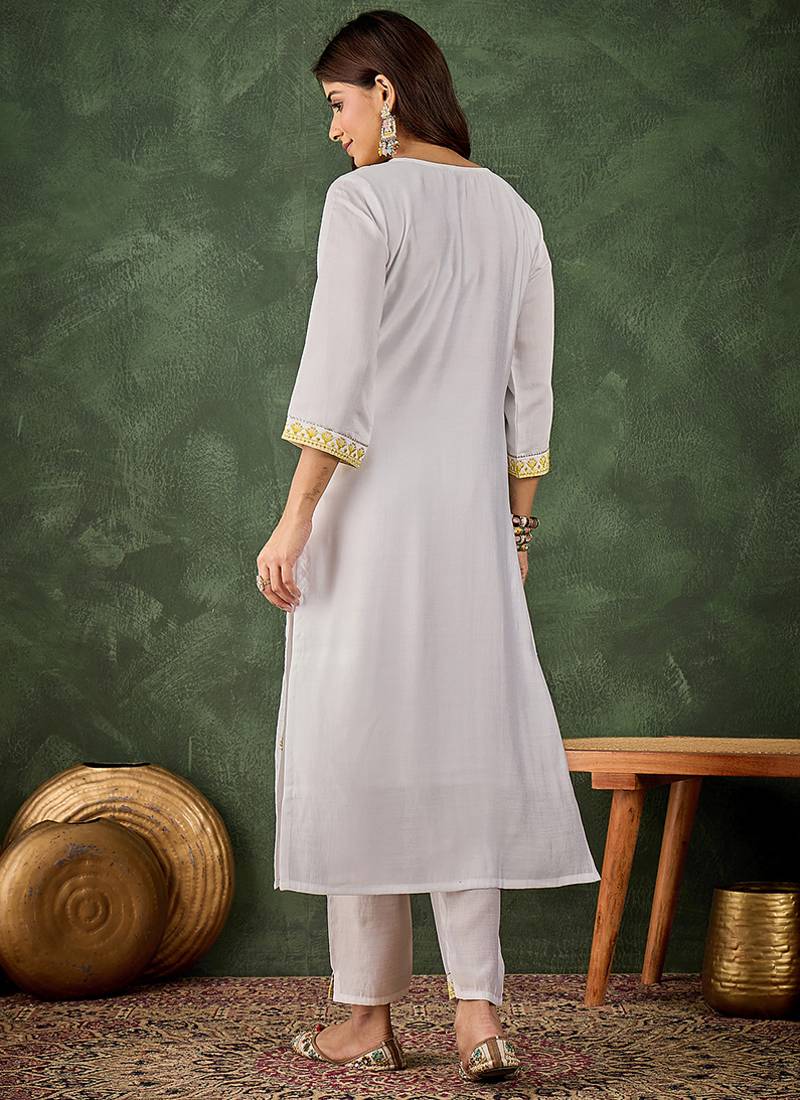 Roman silk blend yellow casual wear embroidery work readymade kurti with pant