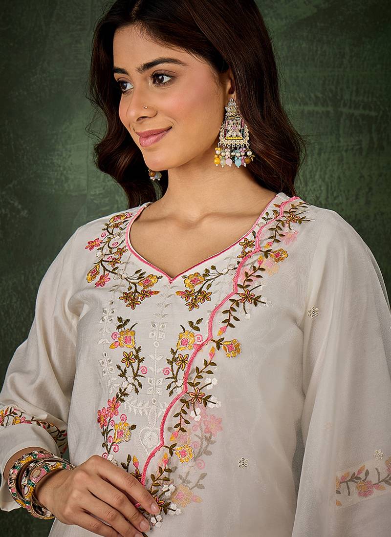 Viscose rayon white party wear embroidery work kurta set