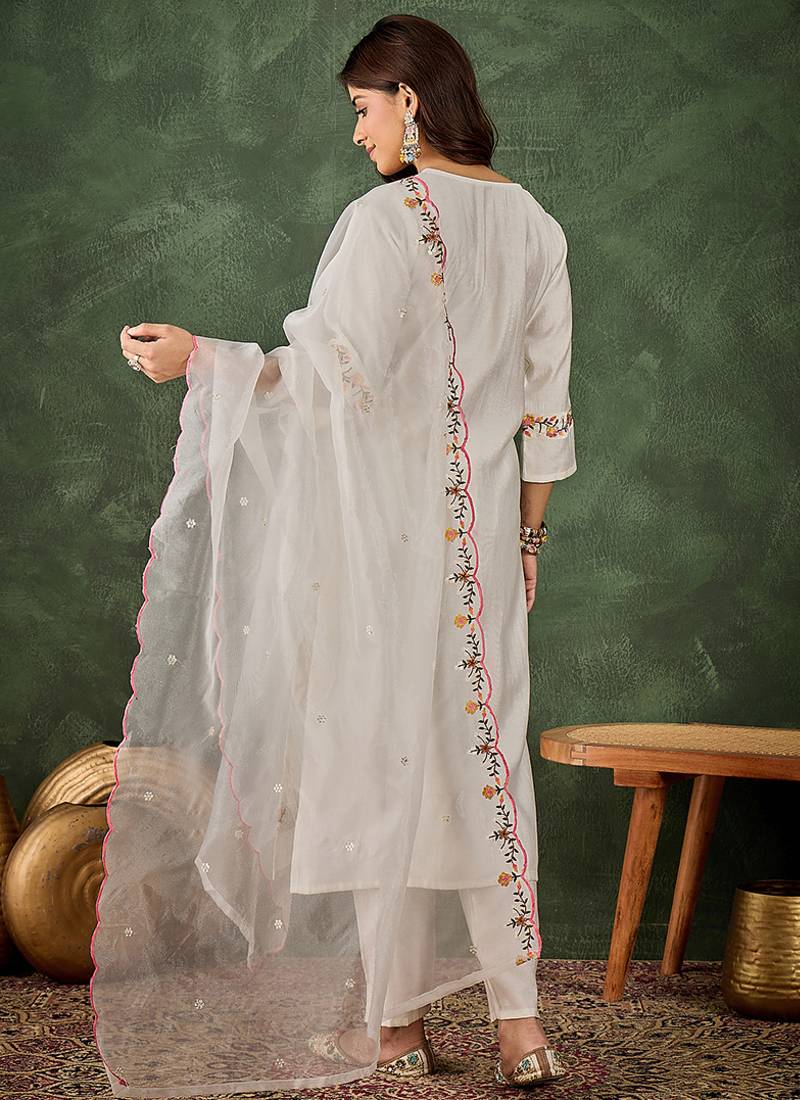 Viscose rayon white party wear embroidery work kurta set