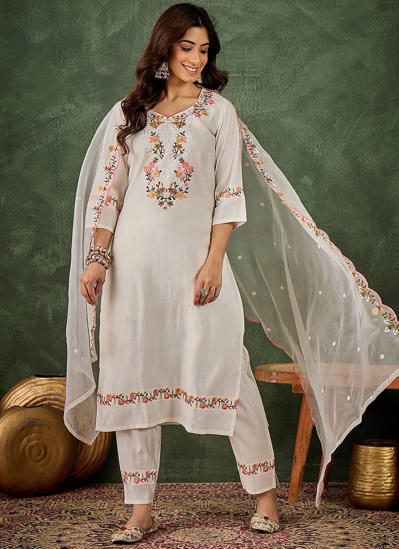 Viscose rayon white party wear embroidery work kurta set