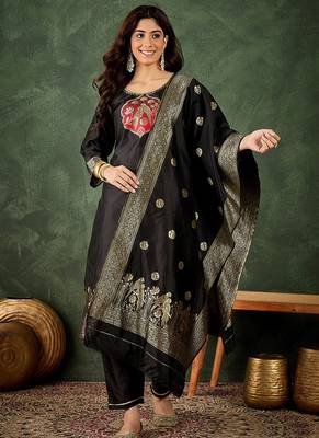 Silk blend black party wear banarasi woven work kurta set 1
