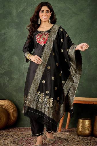Silk blend black party wear banarasi woven work kurta set