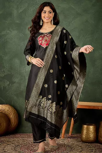 Silk blend black party wear banarasi woven work kurta set