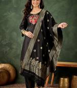 Silk blend black party wear banarasi woven work kurta set