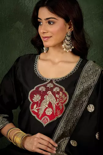 Silk blend black party wear banarasi woven work kurta set