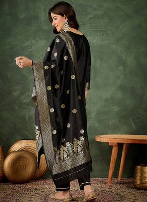 Silk blend black party wear banarasi woven work kurta set 3