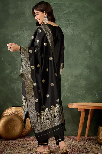 Silk blend black party wear banarasi woven work kurta set