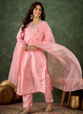 Silk blend baby pink casual wear embroidery work kurta set 1