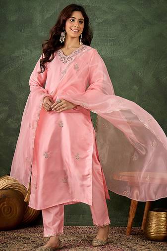 Silk blend baby pink casual wear embroidery work kurta set
