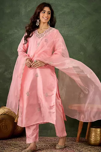 Silk blend baby pink casual wear embroidery work kurta set