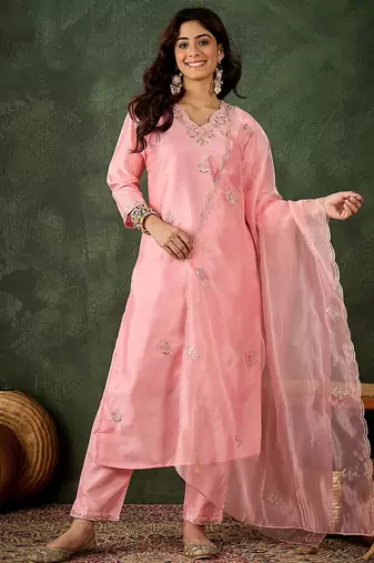 Silk blend baby pink casual wear embroidery work kurta set
