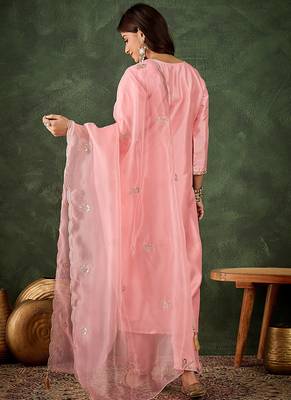 Silk blend baby pink casual wear embroidery work kurta set 3