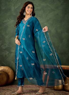 Silk blend blue casual wear embroidery work kurta set 1