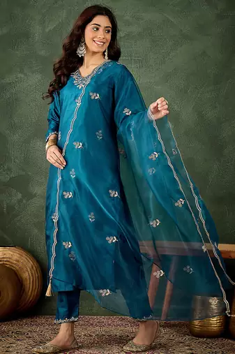 Silk blend blue casual wear embroidery work kurta set