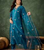 Silk blend blue casual wear embroidery work kurta set