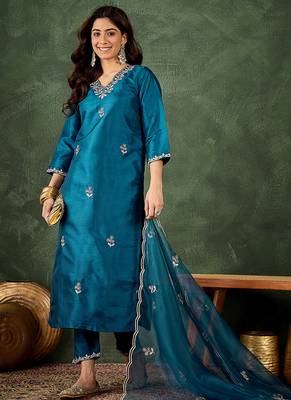 Silk blend blue casual wear embroidery work kurta set 2