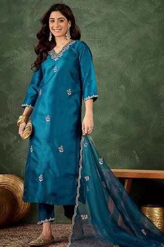 Silk blend blue casual wear embroidery work kurta set