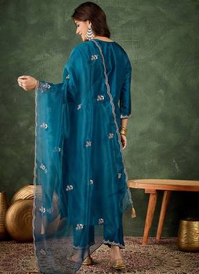 Silk blend blue casual wear embroidery work kurta set 3