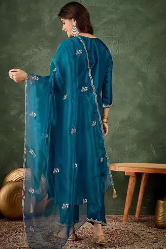 Silk blend blue casual wear embroidery work kurta set