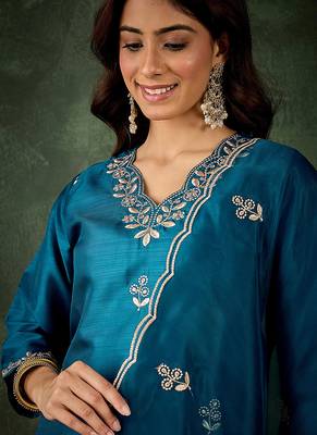 Silk blend blue casual wear embroidery work kurta set 4