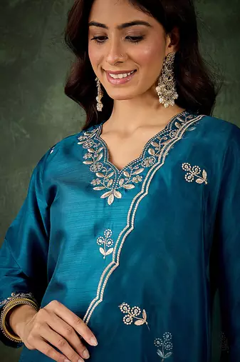 Silk blend blue casual wear embroidery work kurta set