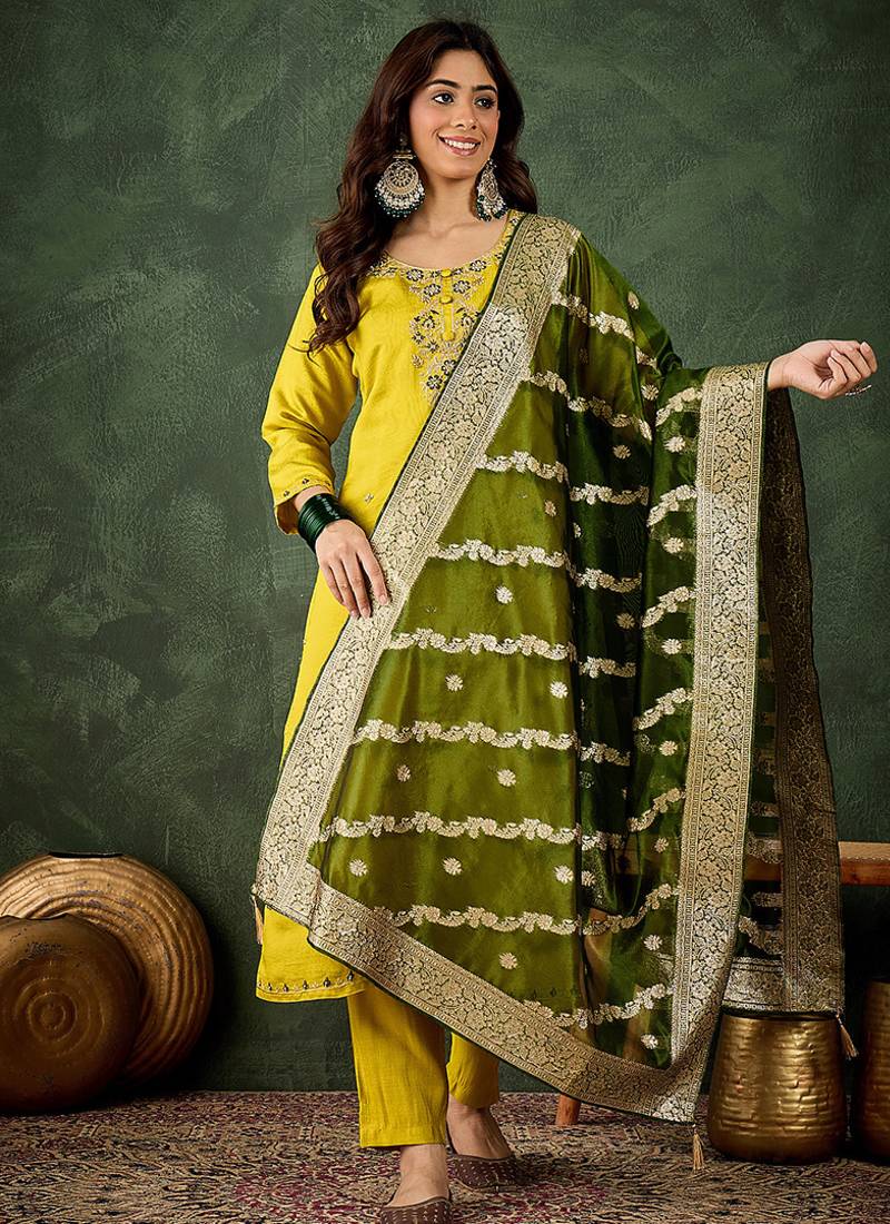 Viscose rayon parrot green casual wear embroidery work kurta set